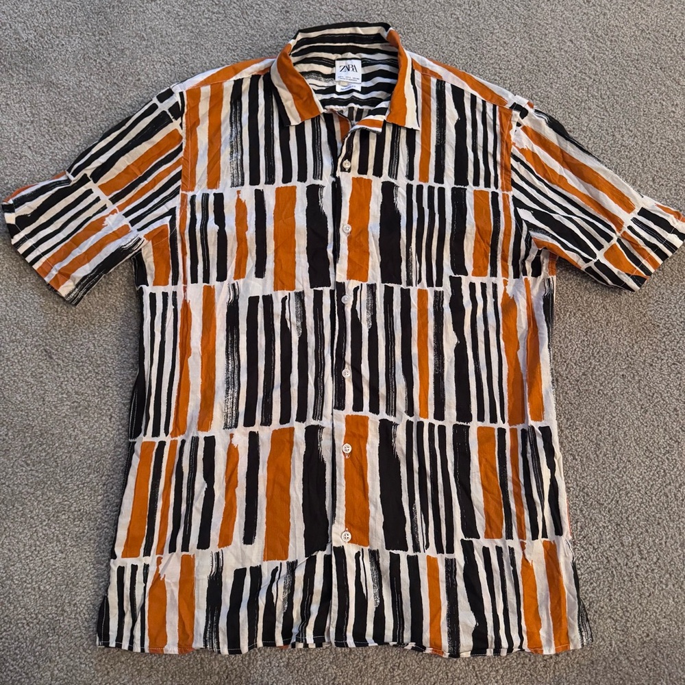 Zara Abstract Short Sleeve Button Up Shirt Cotton Relaxed Fit Mens Large